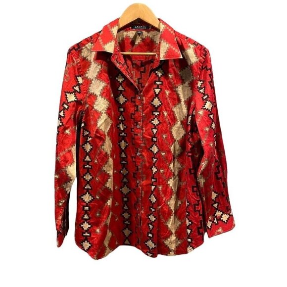 Lauren Ralph Lauren Button Front Shirt Womens Plus 2X Red Aztec Print Cotton - Picture 1 of 5